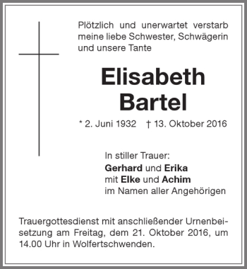 Traueranzeige von Elisabeth Bartel von Memminger Zeitung