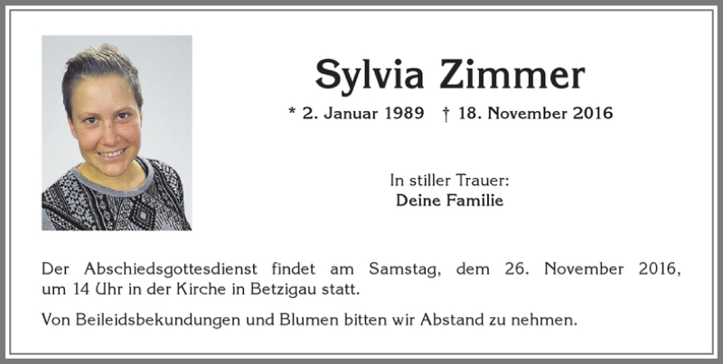  Traueranzeige für Sylvia Zimmer vom 24.11.2016 aus Allgäuer Zeitung,Kempten