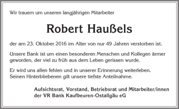 Traueranzeige von Robert Haußels von Allgäuer Zeitung, Füssen