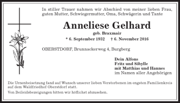 Traueranzeige von Anneliese Gelhard von Allgäuer Anzeigeblatt