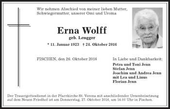 Traueranzeige von Erna Wolff von Allgäuer Anzeigeblatt