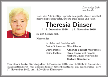 Traueranzeige von Theresia Dinser von Allgäuer Zeitung,Kempten