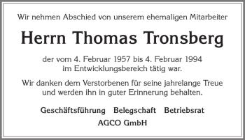 Traueranzeige von Thomas Tronsberg von Allgäuer Zeitung, Marktoberdorf