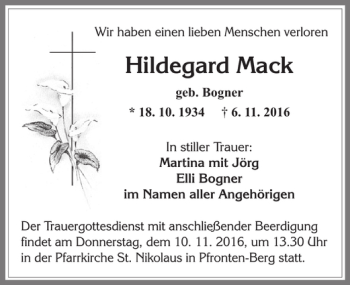 Traueranzeige von Hildegard Mack von Allgäuer Zeitung, Füssen