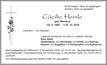 Traueranzeige von Cäcilie Heinle von Memminger Zeitung