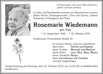 Traueranzeige von Rosemarie Wiedemann von Allgäuer Zeitung, Kaufbeuren/Buchloe