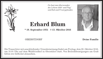 Traueranzeige von Erhard Blum von Allgäuer Anzeigeblatt