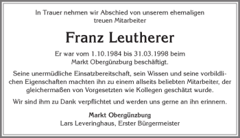 Traueranzeige von Franz Leutherer von Allgäuer Zeitung, Marktoberdorf