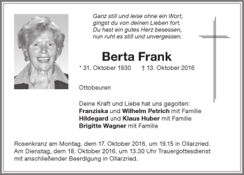 Traueranzeige von Berta Frank von Memminger Zeitung