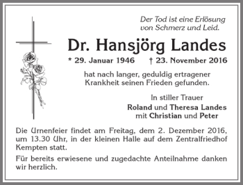 Traueranzeige von Hansjörg Landes von Allgäuer Zeitung,Kempten