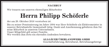 Traueranzeige von Philipp Schöferle von Allgäuer Anzeigeblatt