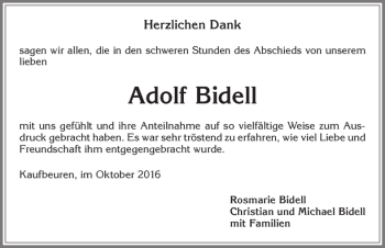 Traueranzeige von Adolf Bidell von Allgäuer Zeitung, Kaufbeuren/Buchloe