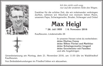 Traueranzeige von Max Heigl von Allgäuer Zeitung, Kaufbeuren/Buchloe