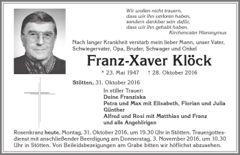 Traueranzeige von Franz-Xaver Klöck von Allgäuer Zeitung, Marktoberdorf