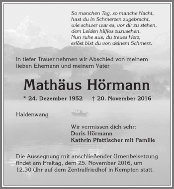 Traueranzeige von Mathäus Hörmann von Allgäuer Zeitung,Kempten
