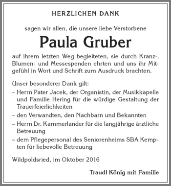Traueranzeige von Paula Gruber von Allgäuer Zeitung,Kempten