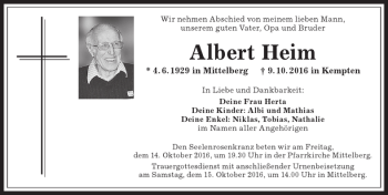 Traueranzeige von Albert Heim von Allgäuer Anzeigeblatt