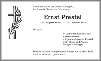 Traueranzeige von Ernst Prestel von Allgäuer Zeitung,Kempten