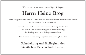 Traueranzeige von Heinz Brög von Der Westallgäuer