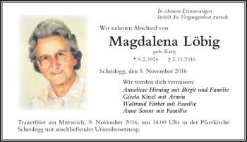 Traueranzeige von Magdalena Löbig von Der Westallgäuer