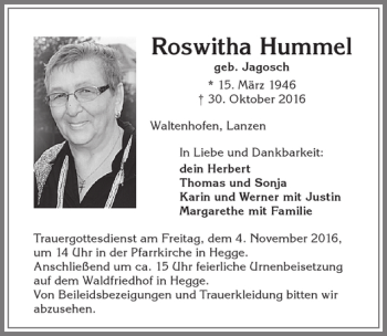 Traueranzeige von Roswitha Bummel von Allgäuer Zeitung,Kempten