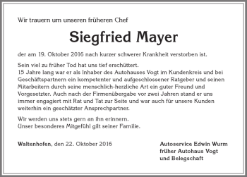 Traueranzeige von Siegfried Mayer von Allgäuer Zeitung,Kempten