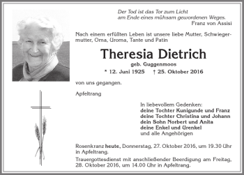 Traueranzeige von Theresia Dietrich von Allgäuer Zeitung, Kaufbeuren/Buchloe
