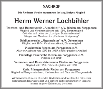Traueranzeige von Werner Lochbihler von Allgäuer Zeitung, Füssen