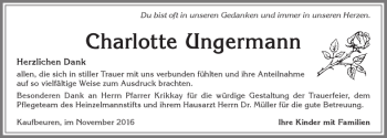 Traueranzeige von Charlotte Ungermann von Allgäuer Zeitung, Kaufbeuren/Buchloe