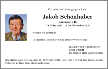 Traueranzeige von Jakob Schönhuber von Allgäuer Zeitung,Kempten