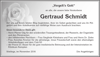 Traueranzeige von Gertraud Schmidt von Allgäuer Zeitung,Kempten