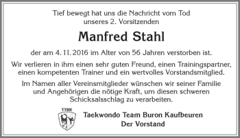 Traueranzeige von Manfred Stahl von Allgäuer Zeitung, Kaufbeuren/Buchloe