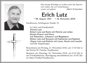 Traueranzeige von Erich Lutz von Allgäuer Zeitung, Kaufbeuren/Buchloe