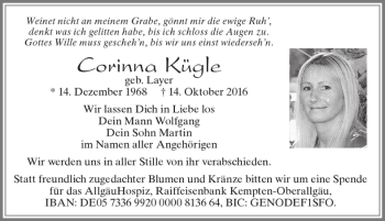 Traueranzeige von Corinna Kügle von Allgäuer Zeitung, Füssen