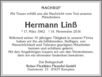 Traueranzeige von Hermann Linß von Allgäuer Zeitung,Kempten