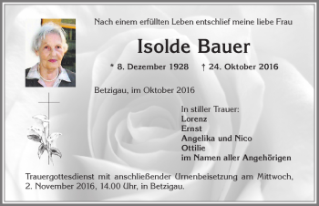 Traueranzeige von Isolde Bauer von Allgäuer Zeitung,Kempten