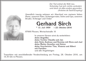Traueranzeige von Gerhard Sirch von Allgäuer Zeitung, Kaufbeuren/Buchloe