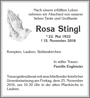 Traueranzeige von Rosa Stingl von Allgäuer Zeitung,Kempten