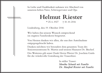 Traueranzeige von Helmut Riester von Der Westallgäuer