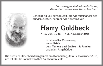 Traueranzeige von Harry Goldbeck von Allgäuer Zeitung, Kaufbeuren/Buchloe