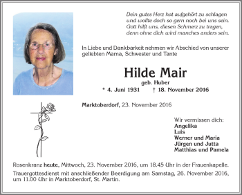 Traueranzeige von Hilde Mair von Allgäuer Zeitung, Marktoberdorf
