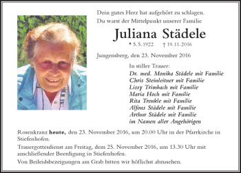 Traueranzeige von Juliana Städele von Der Westallgäuer