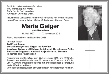 Traueranzeige von Maria Geiger von Memminger Zeitung