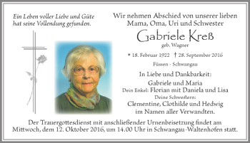 Traueranzeige von Gabriele Kreß 