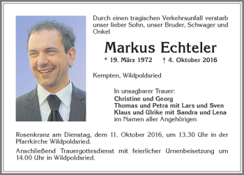 Traueranzeige von Markus Echteler 