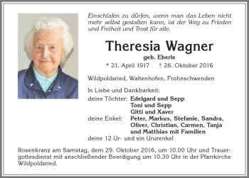 Traueranzeige von Theresia Wagner von Allgäuer Zeitung,Kempten