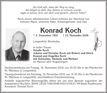 Traueranzeige von Konrad Koch von Allgäuer Zeitung, Kaufbeuren/Buchloe
