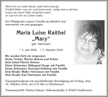 Traueranzeige von Maria Luise Raithel 