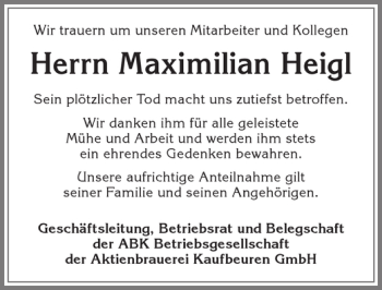 Traueranzeige von Maximilian Heigl von Allgäuer Zeitung, Kaufbeuren/Buchloe