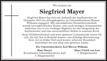 Traueranzeige von Siegfried Mayer von Allgäuer Anzeigeblatt